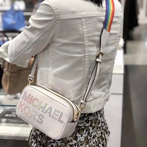 NWT Michael Kors Rainbow Lacey Small White Pride Collection Camera Bag - Picture 1 of 16